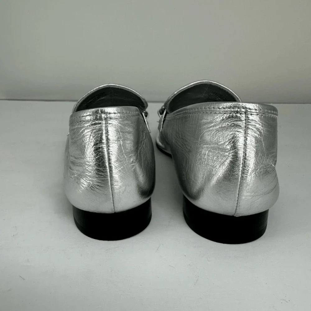 Tory Burch Perrine Metallic Chain Loafers Size 6.5 Silver Leather Flats
